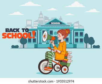 Cute kid rides on bicycle. Funny girl shouting on the megaphone. Back to school vector illustration