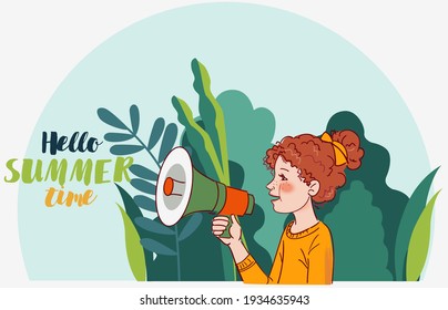 Cute kid rides on bicycle. Funny girl shouting on the megaphone in the park 