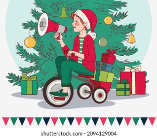 Cute kid rides on bicycle. Funny child shouting on the megaphone. Christmas illustration vector concept