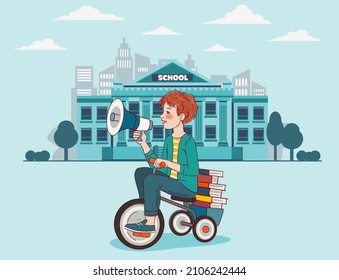 Cute kid rides on bicycle. Funny boy shouting on the megaphone. Back to school vector illustration