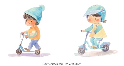 cute kid riding scooter watercolor vector illustration 