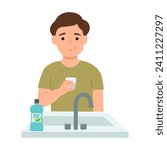 Cute kid rinsing and gargling her mouth.Boy using mouthwash for fresh breath. Dental health concepts. Vector illustration