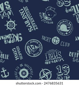 Cute kid sailing yacht club elements and badges patchwork abstract grunge vector pattern for summer children kid wear fabric shirt short 