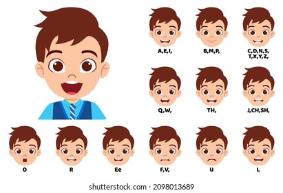 Cute kid school boy character standing bag and with mouth animation pack with lip syncing set for animation and sound pronunciation