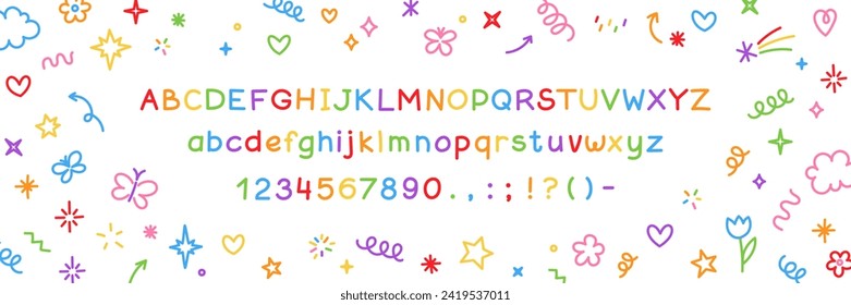 Cute kid scribble doodle alphabet font. Flower star heart butterfly rainbow cloud elements sign and symbols in children drawing style. Hand drawn line art childish funny vector set. Editable stroke.