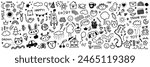 Cute kid scribble doodle icons set. Hand drawn childish funny simple vector illustrations. Flower, heart, cloud children draw style design