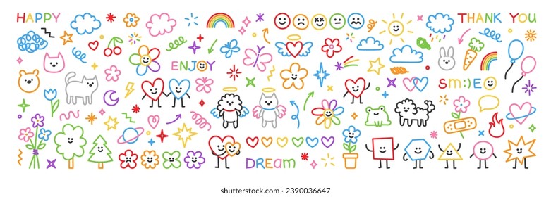 Cute kid scribble doodle icons set. Sun flower heart cat dog rainbow cloud smile elements sign and symbols in children drawing style. Hand drawn childish funny simple vector illustrations.