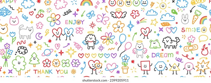 Cute kid scribble doodle icons seamless pattern. Sun flower heart cat dog rainbow cloud smile elements sign and symbols in children drawing style. Hand drawn childish funny simple vector background.