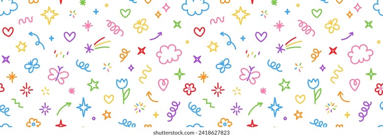 Cute kid scribble doodle icons seamless pattern. Flower star heart butterfly rainbow cloud elements sign and symbols in children drawing style. Hand drawn childish funny simple vector background.