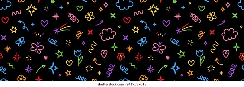 Cute kid scribble doodle icons seamless pattern. Flower star heart butterfly rainbow cloud elements sign and symbols in children drawing style. Hand drawn childish funny simple vector background.