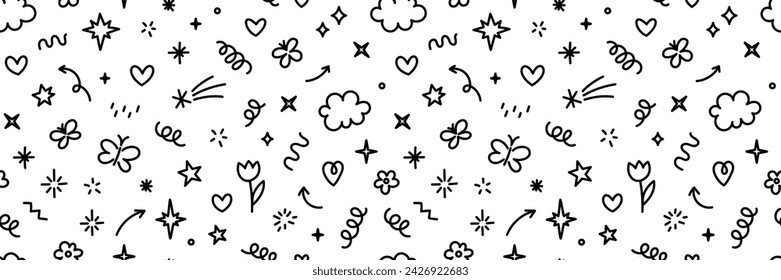 Cute kid scribble doodle icons seamless pattern. Flower star heart butterfly rainbow cloud elements sign and symbols in children drawing style. Hand drawn childish funny simple vector background.