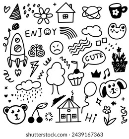 Cute kid scribble doodle icons set. Hand drawn childish funny simple vector illustrations. Flower, heart, cloud children draw style design