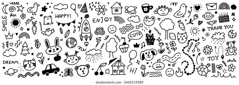 Cute kid scribble doodle icons set. Hand drawn childish funny simple vector illustrations. Flower, heart, cloud children draw style design