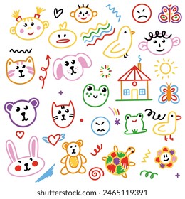 Cute kid scribble doodle icons set. Various icons such as hearts, stars, speech bubbles, arrows, lines. Hand drawn childish funny simple vector illustrations.