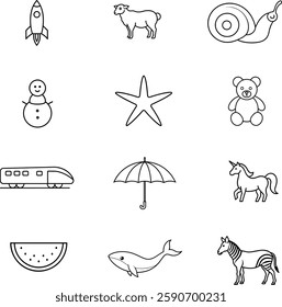 Cute kid scribble doodle icons set. Hand drawn childish funny simple vector illustrations. 