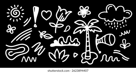 Cute kid scribble doodle icons set. Hand drawn childish funny simple illustrations. Flower, heart, cloud children draw style design on black blackground.