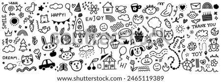 Cute kid scribble doodle icons set. Hand drawn childish funny simple vector illustrations. Flower, heart, cloud children draw style design