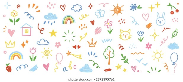 Cute kid scribble line flower, heart. rainbow background. Hand drawn doodle sketch childish element set. Flower, heart, cloud children draw style design elements background. Vector illustration