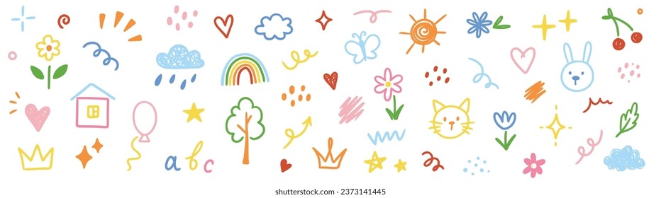 Cute kid scribble line flower, heart. rainbow background. Hand drawn doodle sketch childish element set. Flower, heart, cloud children draw style design elements background. Vector illustration