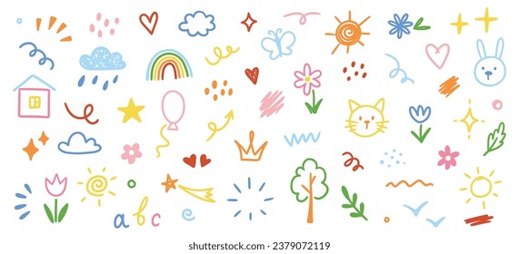 Cute kid scribble line flower, heart. rainbow background. Hand drawn doodle sketch childish element set. Flower, heart, cloud children draw style design elements background. Vector illustration