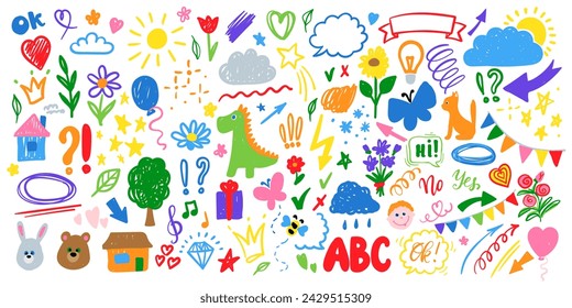 Cute kid scribble line flower, heart. rainbow background. Hand drawn doodle sketch childish element set. children draw style design elements background. Vector illustration with cute animals
