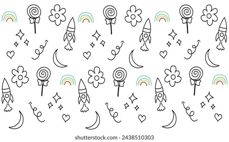 Cute kid scribble line flower, heart. rainbow background. Hand drawn doodle sketch childish element set.children background.
