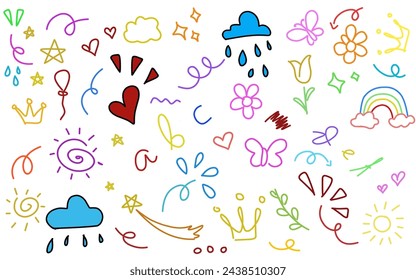 Cute kid scribble line flower, heart. rainbow background. Hand drawn doodle sketch childish element set.children background.