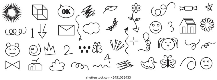Cute kid scribble line flower, heart. rainbow , tree, leaf, background. Hand drawn doodle sketch childish element set. Children draw style design elements background. Vector illustration EPS 10