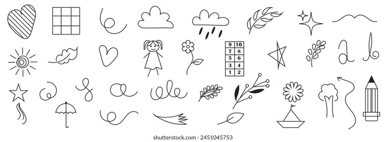 Lindo niño garabato línea flor, corazón, árbol, estrella, arco iris de fondo. Dibujado a mano doodle boceto conjunto de elementos infantiles. Flor, corazón, nubes niños dibujan el fondo de los Elementos de diseño del estilo. Vector. EPS 10