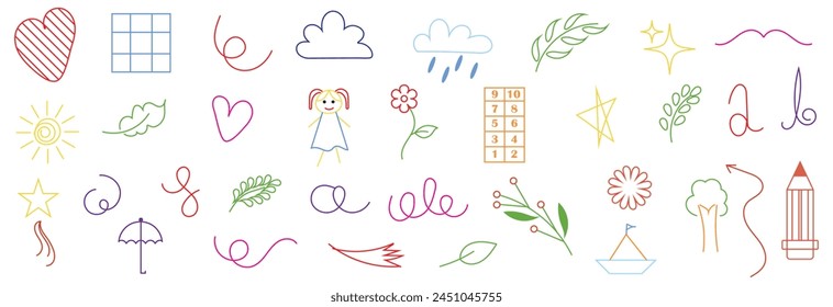Cute kid scribble line flower, heart, tree, star, rainbow background. Hand drawn doodle sketch childish element set. Flower, heart, cloud children draw style design elements background. Vector. EPS 10