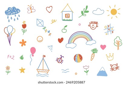 Lindo niño garabato línea flor, corazón, fondo de arco iris. Dibujado a mano doodle boceto conjunto de elementos infantiles. Flor, corazón, nubes niños dibujan el fondo de los Elementos de diseño del estilo. Ilustración vectorial