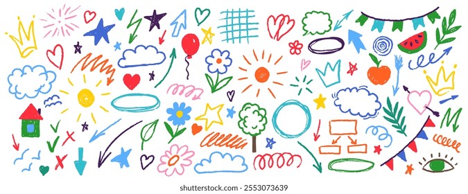 Cute kid scribble line flower, heart. rainbow background. Hand drawn doodle sketch childish element set. children draw style design elements background. Vector illustration with cute animals.