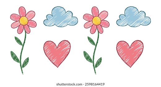 Cute kid scribble line flower a playful collection of cute, child like scribble drawings featuring flowers, hearts, and a rainbow background. This hand drawn doodle set includes sketch-style elements 