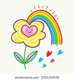 cute kid scribble line flower heart rainbow