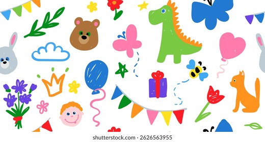 Cute kid scribble line seamless pattern Hand drawn doodle sketch childish element set. children draw style design elements background. Vector illustration with cute animals.