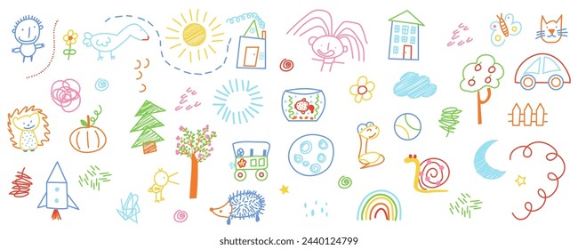 Cute kid scribble mega set in flat graphic design. Bundle elements of childish crayon doodle drawings with animals, characters, sun, trees, houses, rainbow, other. Vector illustration isolated objects