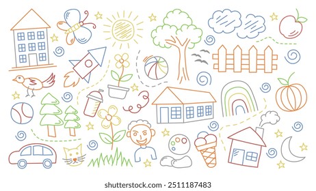 Cute kid scribble mega set in flat graphic design