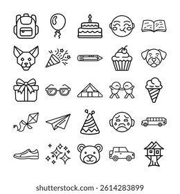 Cute Kid Scribble Outline Art Icon Set  Hand-Drawn Doodle Style Children’s Sketch Vector Icons for Kids Designs, Education and Crafts

