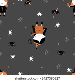 Cute kid seamless pattern childish halloween witch girl fairy with jack o lanterns, skulls postcard design template vector illustration 