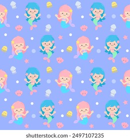 cute kid seamless pattern mermaid purple party illustration