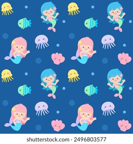 Ilustración linda del partido de la sirena del mar del patrón inconsútil del niño