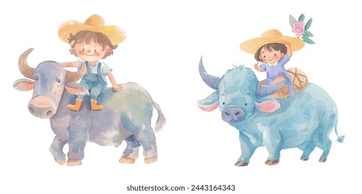 cute kid shitting on bufallo watercolor vector illustration 