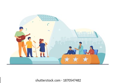 Cute Kid Signing On Talent Show. Judge, Star, Guitar Flat Vector Illustration. Entertainment And Music Concept For Banner, Website Design Or Landing Web Page