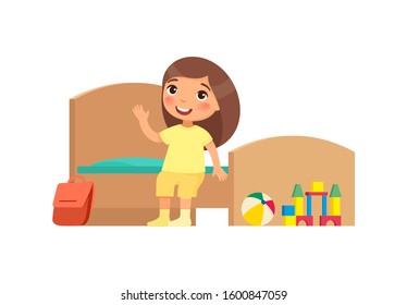 Cute kid sitting on bed in tidy room cartoon character. Little girl in clean bedroom flat vector illustration. Neat child in organized interior isolated on white. House cleanup and hygiene