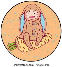 Cute Kid sitting on a Carrot in the circle.