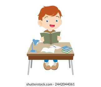 Cute kid sitting on desk working for homework