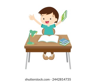 Cute kid sitting on desk working for homework