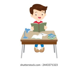 Cute kid sitting on desk working for homework