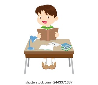 Cute kid sitting on desk working for homework