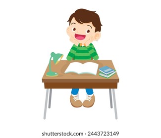 Cute kid sitting on desk working for homework
